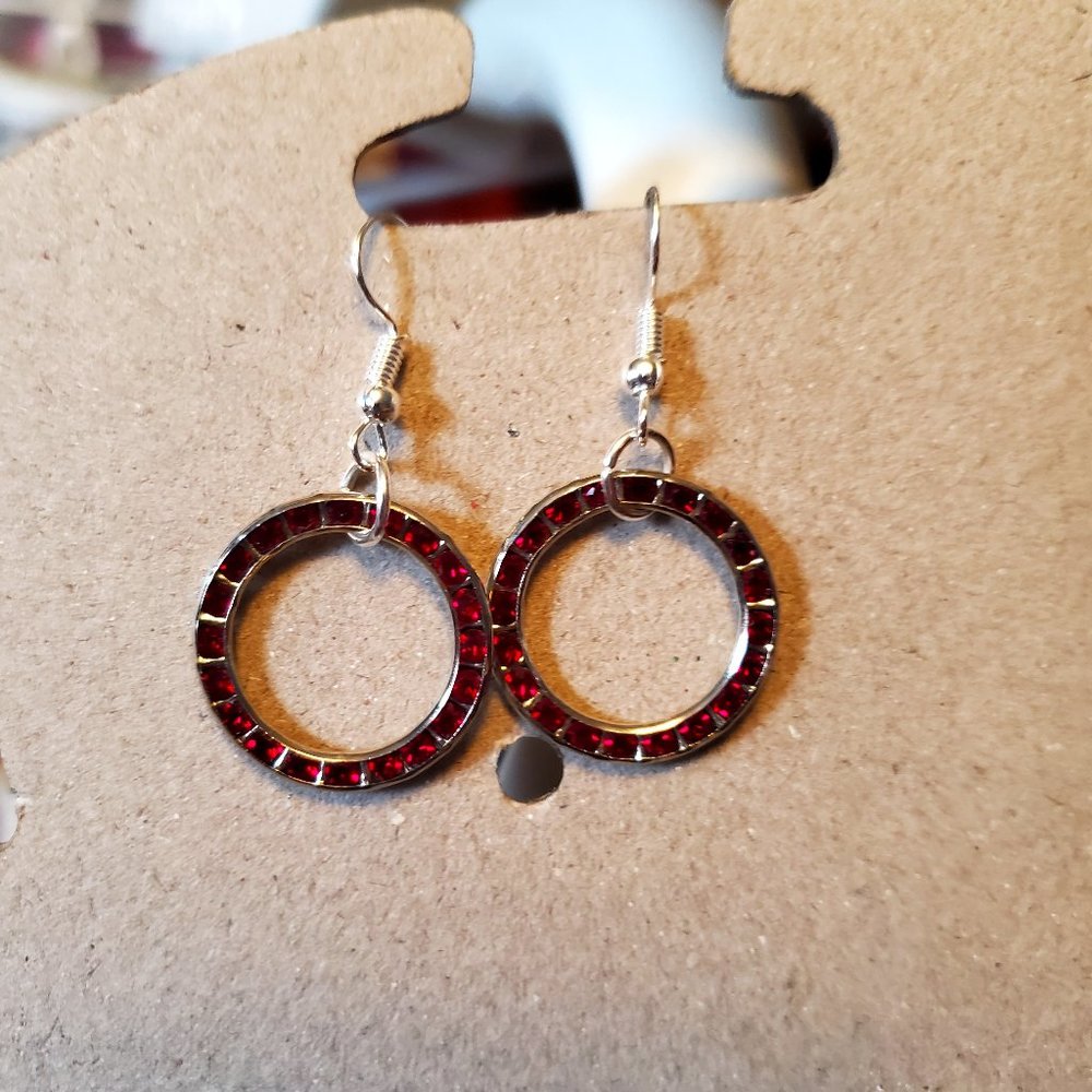 Silver Tone Hook Red Rhinestone Circle Earrings Tony Alexander Jewelry Artisan